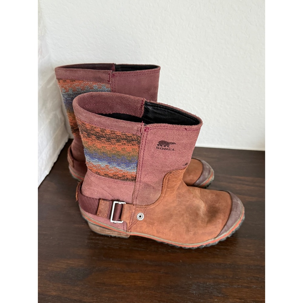 Sorel Slimboot Leather Suede Knit Blanket Boots Ginger Herb Cordovan Women's 7
